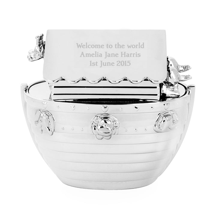 Personalised Silver Noahs Ark Money Box in gift category Personalised Money Boxes