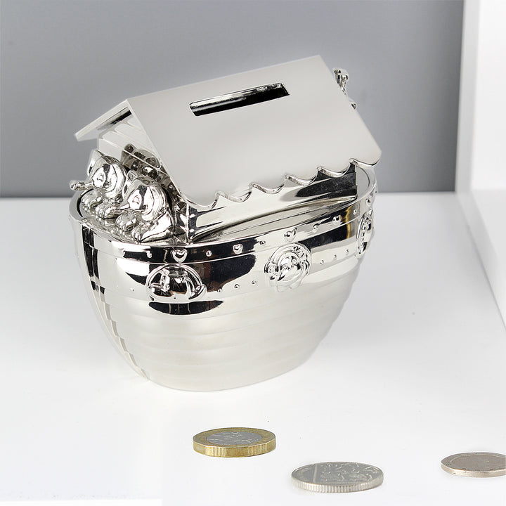 Personalised Silver Noahs Ark Money Box in gift category Personalised Money Boxes