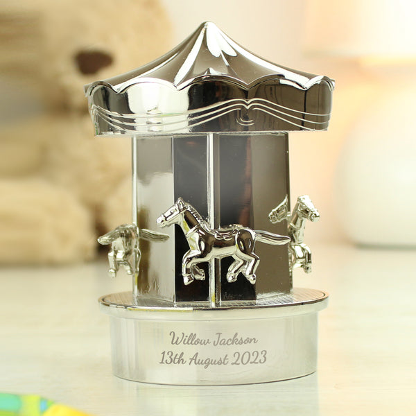 Personalised Silver Plated Carousel Money Box, Perfect As A Christening Gift in gift category Personalised Money Boxes