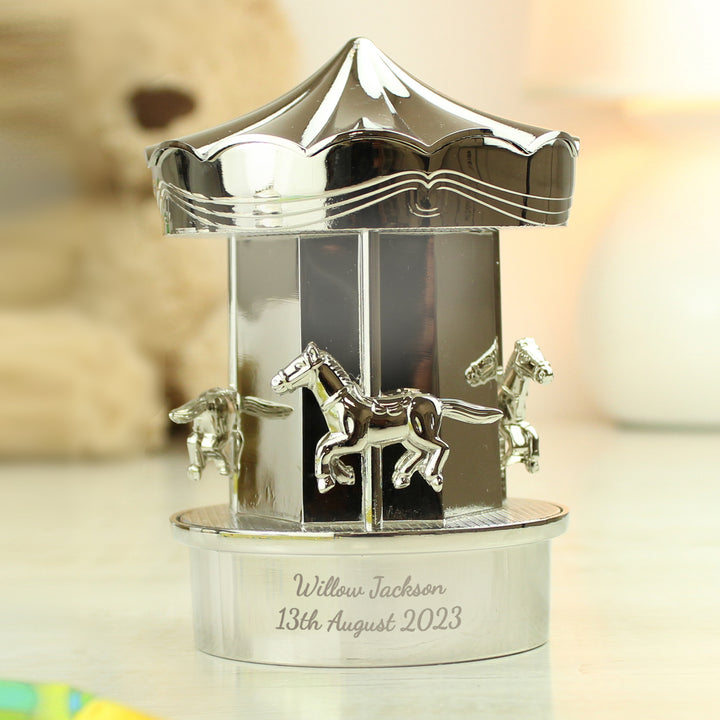 Personalised Silver Plated Carousel Money Box, Perfect As A Christening Gift in gift category Personalised Money Boxes