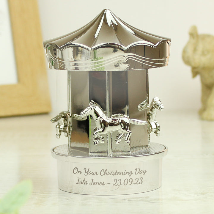 Personalised Silver Plated Carousel Money Box, Perfect As A Christening Gift in gift category Personalised Money Boxes