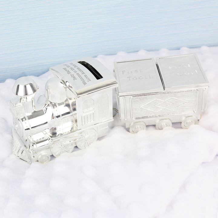 Personalised Train Money Box with Tooth & Curl Trinket Box in gift category Personalised Money Boxes