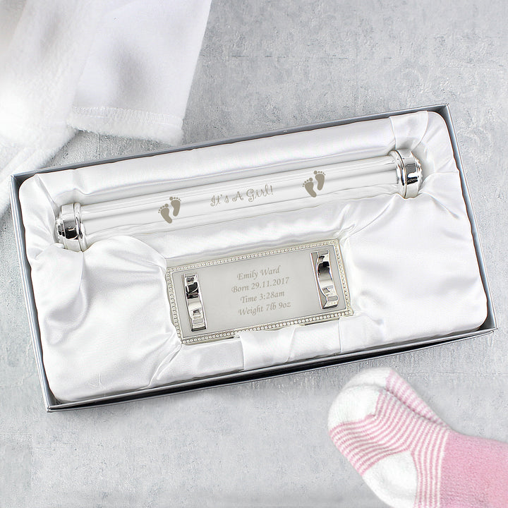 Personalised Its A Girl Silver Plated Certificate Holder - part of the Gifts Finder Personalised Certificate Holders collection