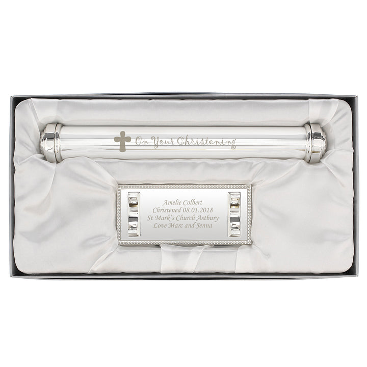 Buy Personalised Christening Cross Silver Plated Certificate Holder available now at www.giftsfinder.co.uk