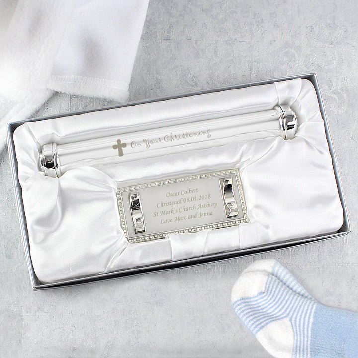 Buy Personalised Christening Cross Silver Plated Certificate Holder available now at www.giftsfinder.co.uk