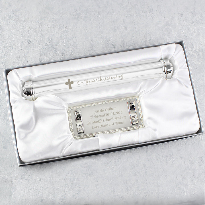 Buy Personalised Christening Cross Silver Plated Certificate Holder available now at www.giftsfinder.co.uk