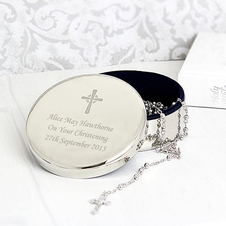 Personalised Rosary Beads and Cross Round Trinket Box in gift category Personalised Trinket Boxes