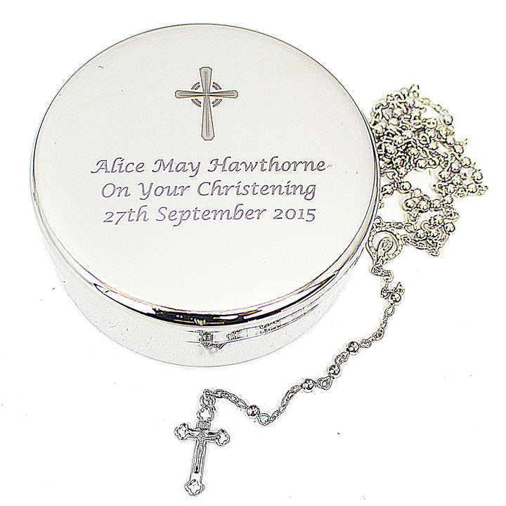 Personalised Rosary Beads and Cross Round Trinket Box in gift category Personalised Trinket Boxes