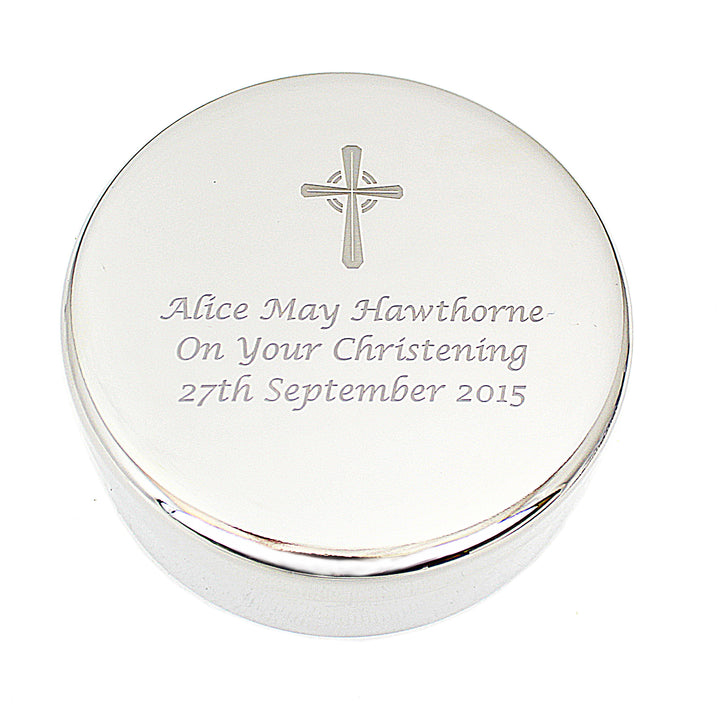 Personalised Rosary Beads and Cross Round Trinket Box in gift category Personalised Trinket Boxes