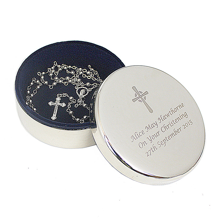 Personalised Rosary Beads and Cross Round Trinket Box in gift category Personalised Trinket Boxes