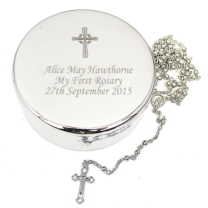 Personalised Rosary Beads and Cross Round Trinket Box in gift category Personalised Trinket Boxes