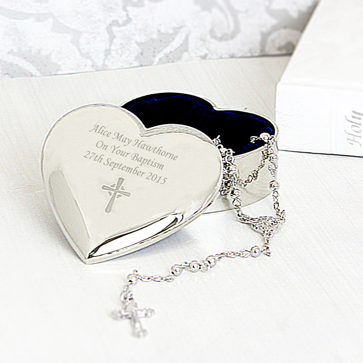 Personalised Rosary Beads and Cross Heart Trinket Box in gift category Personalised Trinket Boxes