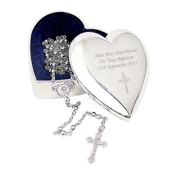 Personalised Rosary Beads and Cross Heart Trinket Box in gift category Personalised Trinket Boxes