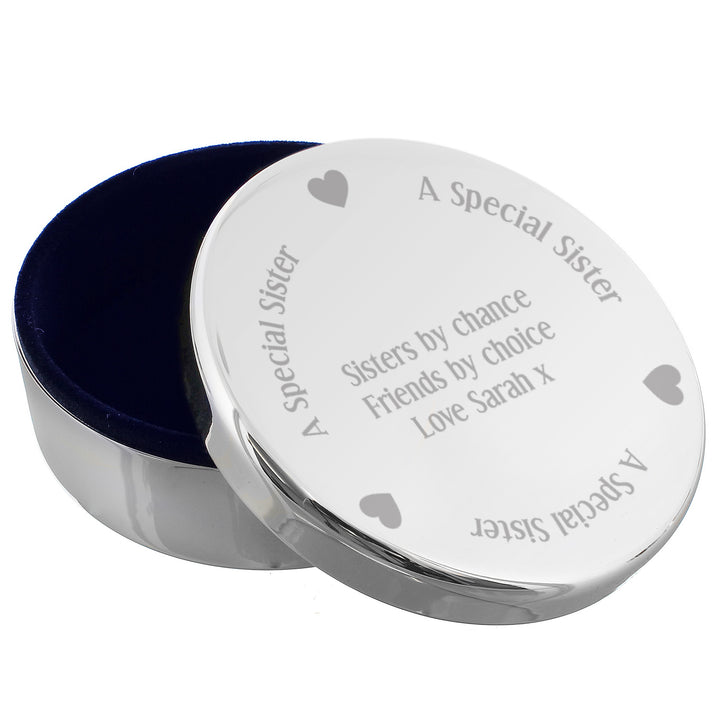 Buy Personalised A Special Sister Round Trinket Box available now at www.giftsfinder.co.uk