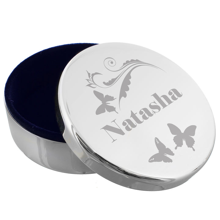 Buy Personalised Butterfly Swirl Round Trinket Box available now at www.giftsfinder.co.uk