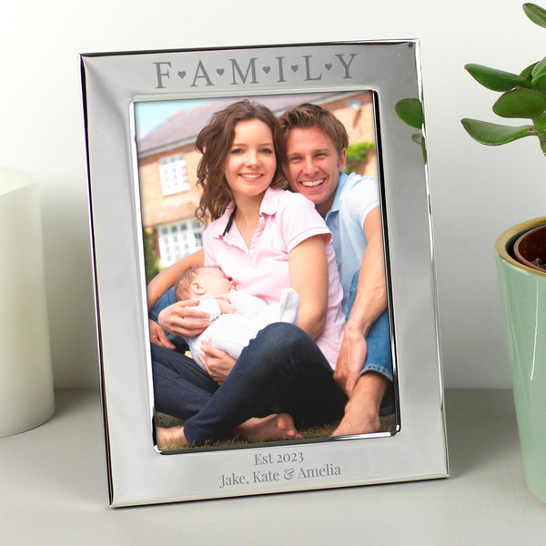 Personalised Silver 5x7 Family & Hearts Photo Frame in gift category Personalised Photo Frames