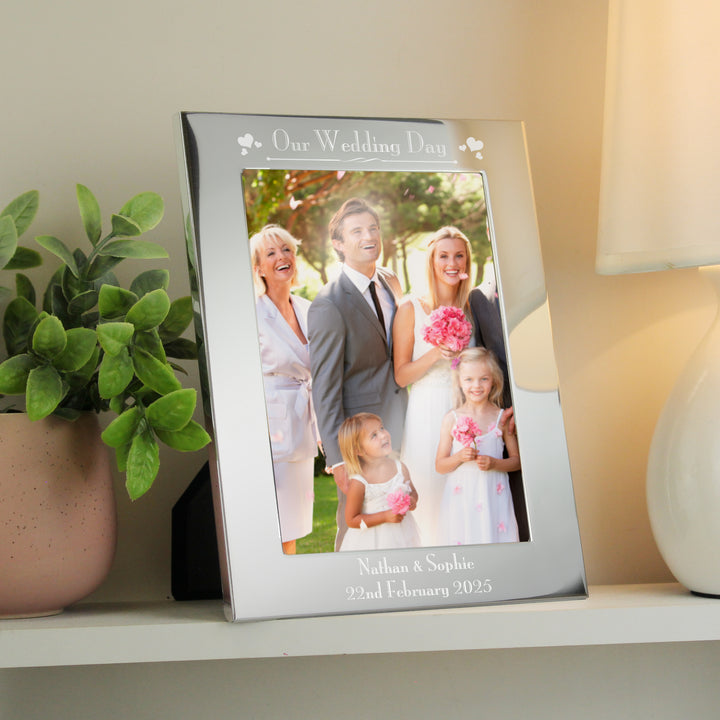 Personalised Silver 5x7 Decorative Our Wedding Day Photo Frame in gift category Personalised Photo Frames