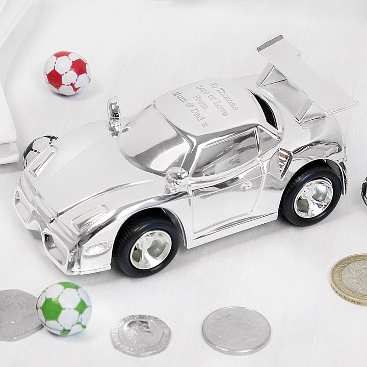 Personalised Racing Car Money Box in gift category Personalised Money Boxes