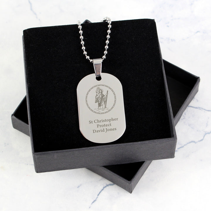 Buy Personalised St Christopher Stainless Steel Dog Tag Necklace at www.giftsfinder.co.uk