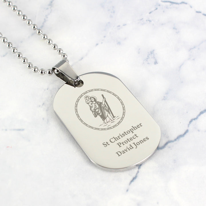 Buy Personalised St Christopher Stainless Steel Dog Tag Necklace at www.giftsfinder.co.uk