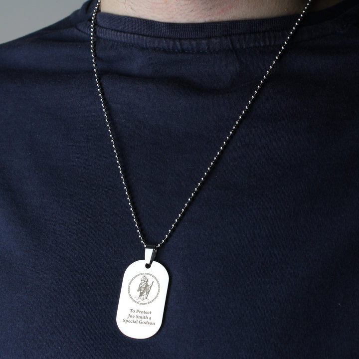 Buy Personalised St Christopher Stainless Steel Dog Tag Necklace at www.giftsfinder.co.uk