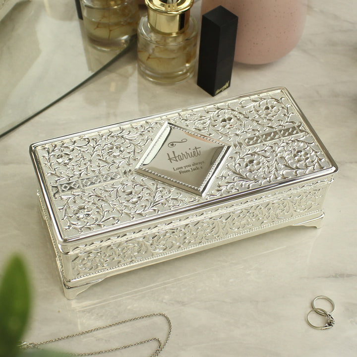 Personalised Swirls & Hearts Antique Silver Plated Jewellery Box