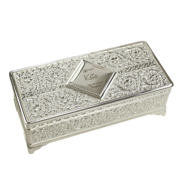 Buy Personalised Swirls & Hearts Antique Silver Plated Jewellery Box at www.giftsfinder.co.uk