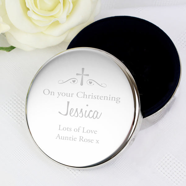 Buy Personalised Religious Swirls & Hearts Round Trinket Box at www.giftsfinder.co.uk