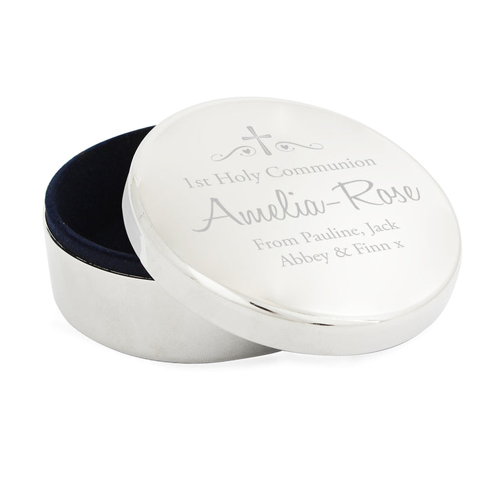 Personalised Religious Swirls & Hearts Round Trinket Box - part of the Gifts Finder Personalised Trinket Boxes collection