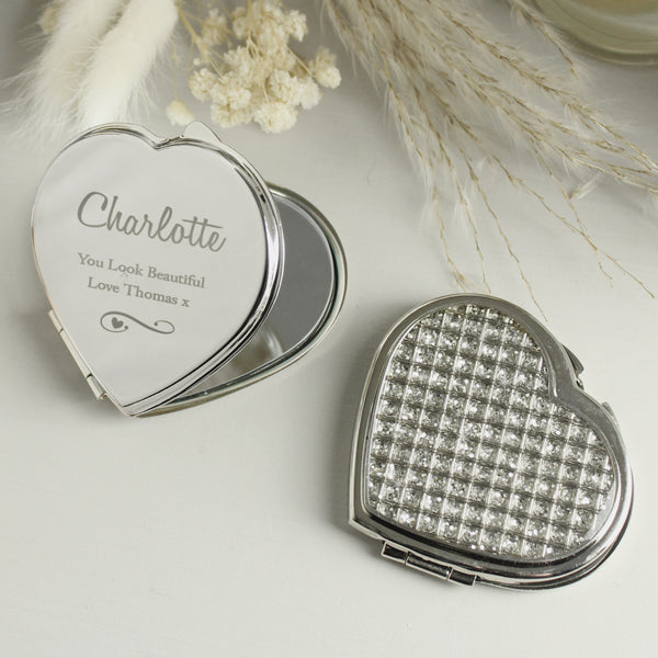 Buy Personalised Swirls & Hearts Diamante Heart Compact Mirror at www.giftsfinder.co.uk