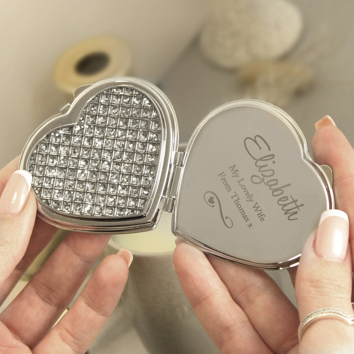 Personalised Swirls & Hearts Diamante Heart Compact Mirror - part of the Gifts Finder Personalised Compact Mirrors collection