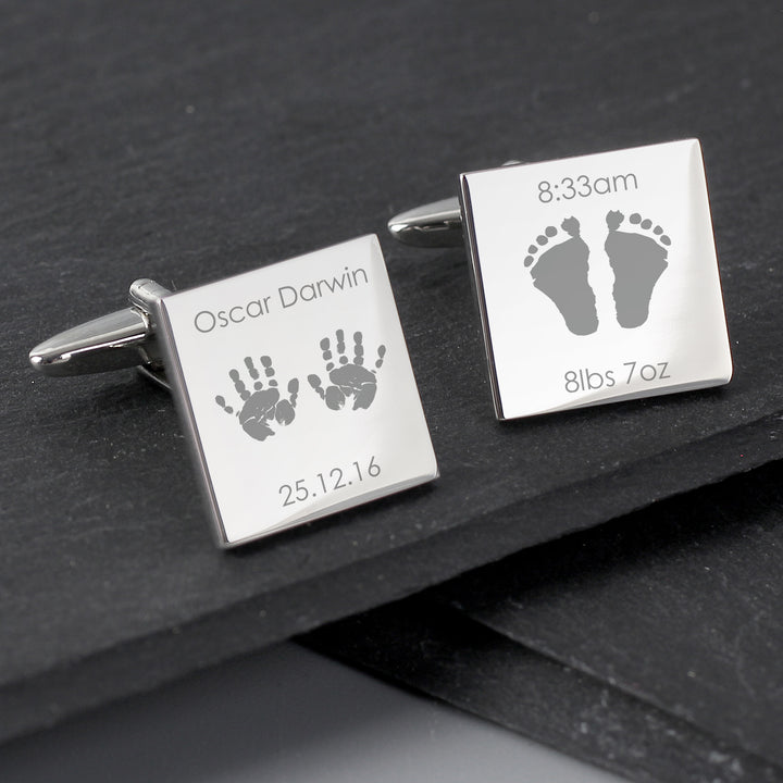 Buy Personalised Hands and Feet New Baby Square Cufflinks at www.giftsfinder.co.uk