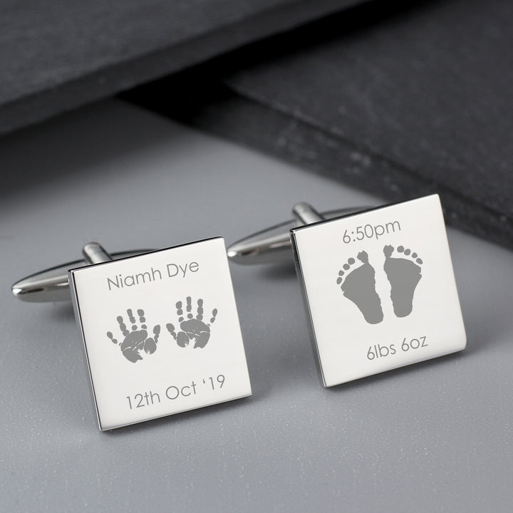 Buy Personalised Hands and Feet New Baby Square Cufflinks at www.giftsfinder.co.uk