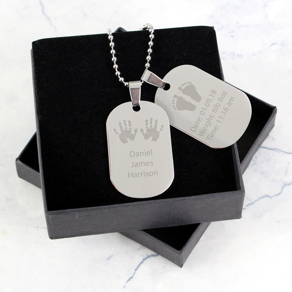 Buy Personalised Hands and Feet New Baby Stainless Steel Double Dog Tag Necklace at www.giftsfinder.co.uk