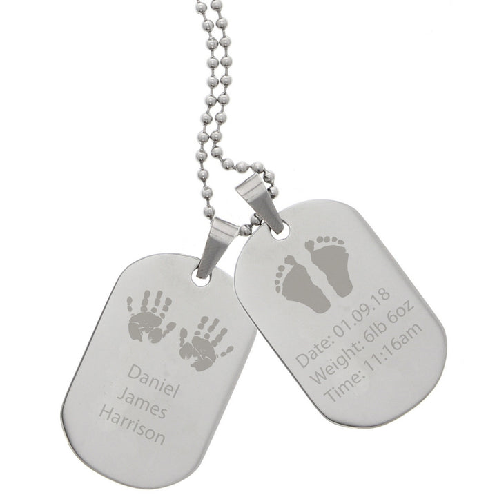 Personalised Hands And Feet New Baby Stainless Steel Double Dog Tag Necklace - part of the Gifts Finder Personalised Necklaces collection