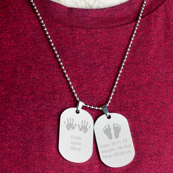 Personalised Hands And Feet New Baby Stainless Steel Double Dog Tag Necklace - part of the Gifts Finder Personalised Necklaces collection