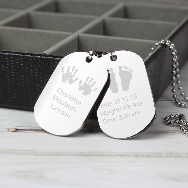 Personalised Hands And Feet New Baby Stainless Steel Double Dog Tag Necklace - part of the Gifts Finder Personalised Necklaces collection