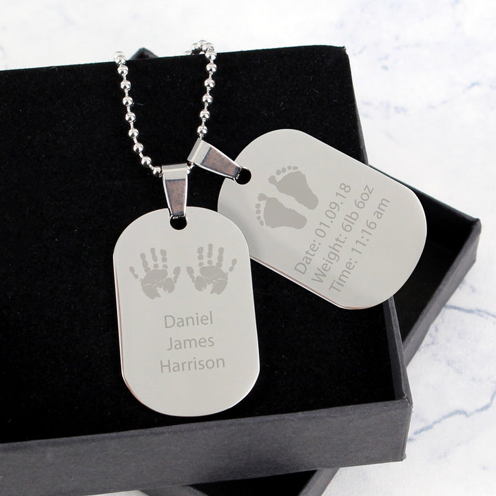 Personalised Hands And Feet New Baby Stainless Steel Double Dog Tag Necklace - part of the Gifts Finder Personalised Necklaces collection