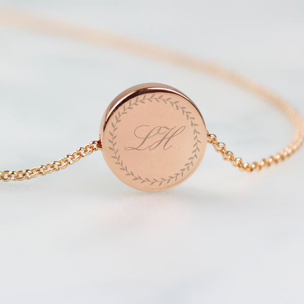 Buy Personalised Wreath Initials Rose Gold Tone Disc Necklace at www.giftsfinder.co.uk