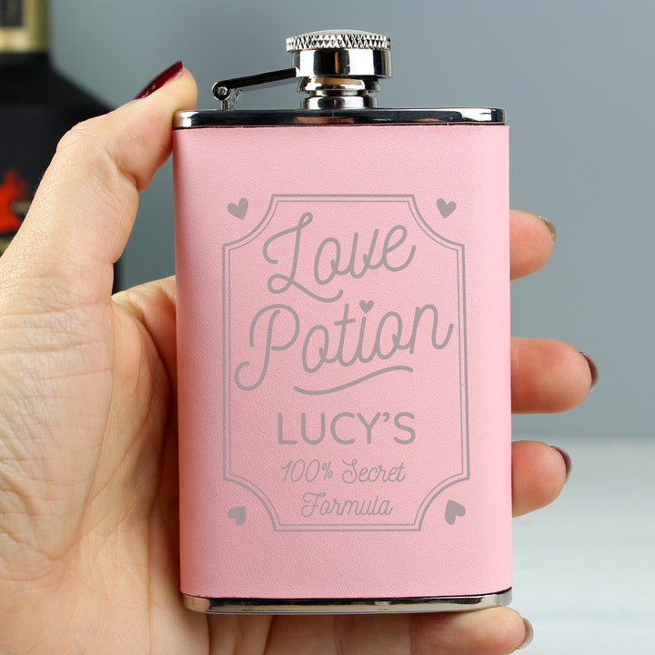 Buy Personalised Love Potion Pink Hip Flask at www.giftsfinder.co.uk