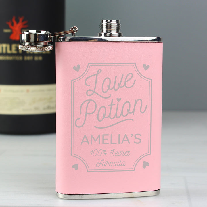 Buy Personalised Love Potion Pink Hip Flask at www.giftsfinder.co.uk