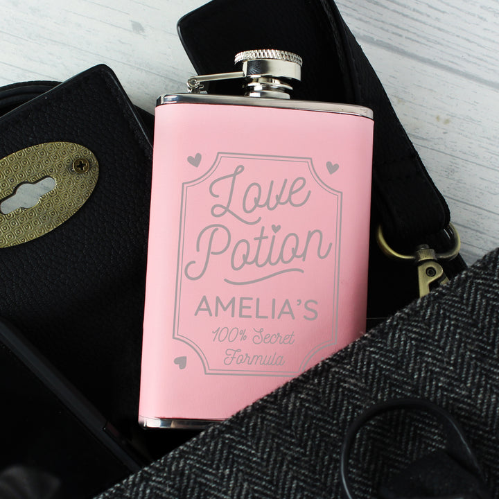 Buy Personalised Love Potion Pink Hip Flask at www.giftsfinder.co.uk