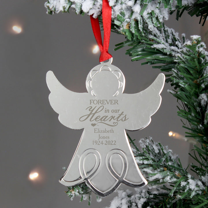 Buy Personalised In Our Hearts Angel Metal Decoration at www.giftsfinder.co.uk