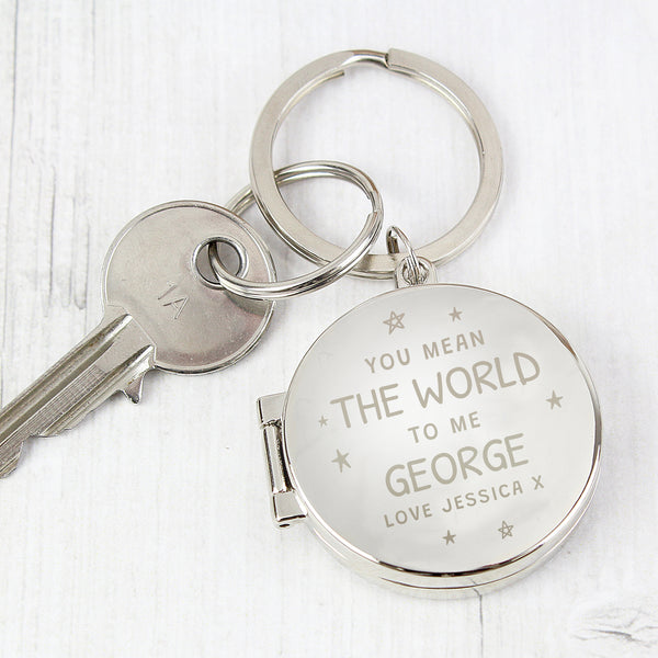 Buy Personalised You Mean The World To Me Round Photo keyring at www.giftsfinder.co.uk