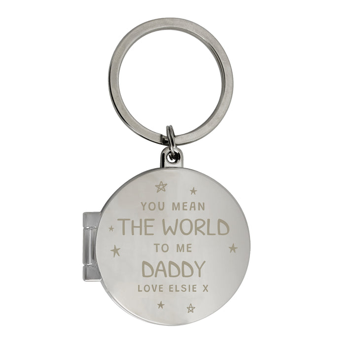 Buy Personalised You Mean The World To Me Round Photo keyring at www.giftsfinder.co.uk