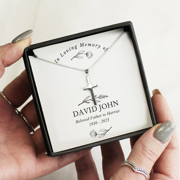 Buy Personalised In Loving Memory Cross Sentiment Necklace and Box available now at www.giftsfinder.co.uk