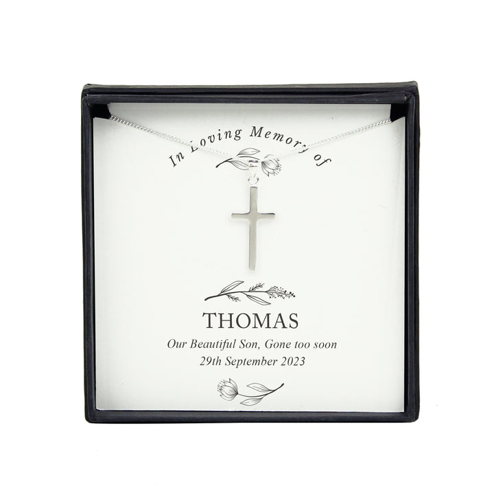 Buy Personalised In Loving Memory Cross Sentiment Necklace and Box available now at www.giftsfinder.co.uk