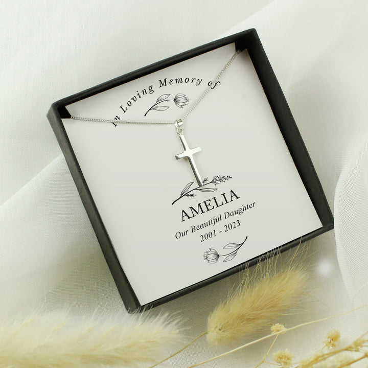 Buy Personalised In Loving Memory Cross Sentiment Necklace and Box available now at www.giftsfinder.co.uk