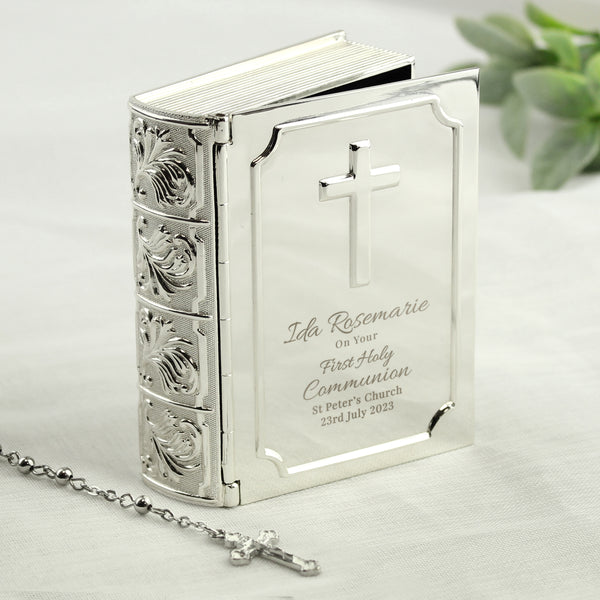 Buy Personalised First Holy Communion Bible Trinket Box with Rosary Beads available now at www.giftsfinder.co.uk