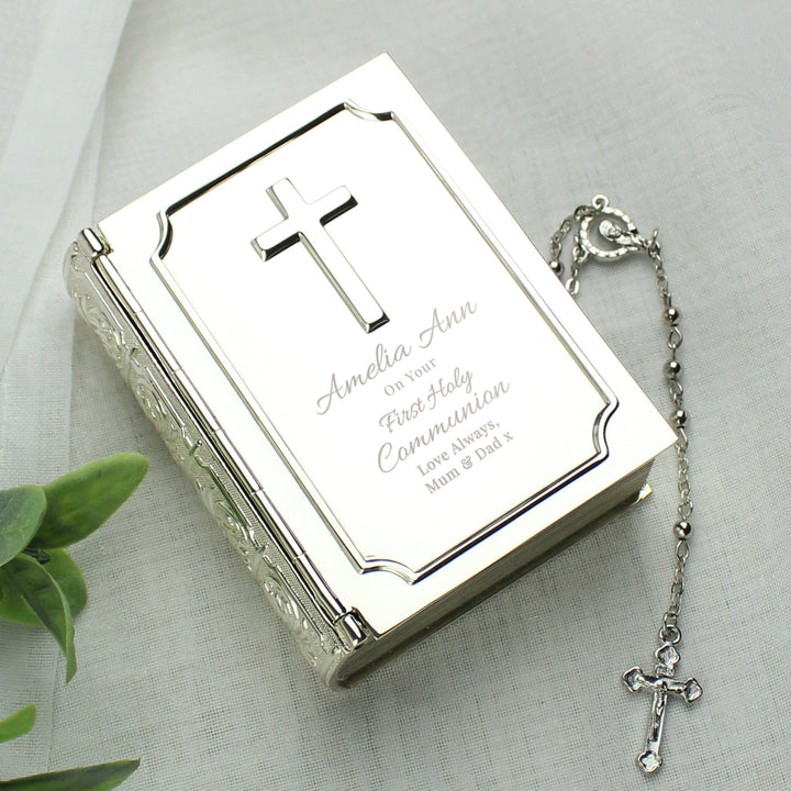 Buy Personalised First Holy Communion Bible Trinket Box with Rosary Beads available now at www.giftsfinder.co.uk